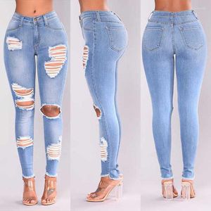 Jeans da donna strappati per pantaloni con foro da donna Jeans slim da donna casual a vita alta in denim vintage