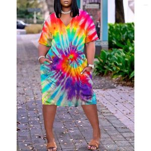 Casual Kleider Sommer Bunte Tie Dye 3D Gedruckt Midi Kleid Mode Frauen Kurzarm Sexys Mädchen Boho V-ausschnitt Dame Lose beachwear