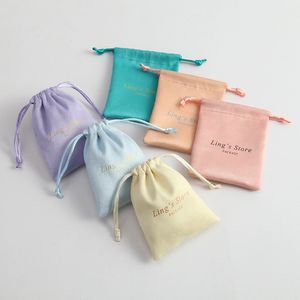 Jewelry Pouches Bags 100 Personalized Print Drawstring Gift Bags Velvet Jewelry Packaging Bags Pouches Chic Wedding Favor Bags Flannel Candy Bag 230728