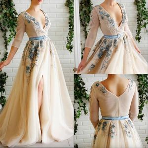 2023 Elegant Prom Dresses Lace 3D Floral Appliqued Side Split Evening Dress A Line V Neck Custom Made Special Occasion Gowns