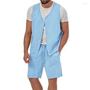 Herrspår 2023 Senaste bomull och set Summer Amazon Independent Station Casual ärmlös V-Neck Cardigan Shorts Two Piece