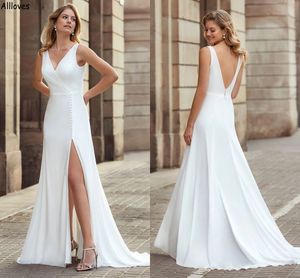 Elegante Simples Branco Cetim A Linha Vestidos de Noiva Decote em V Botões Laterais Divididos Boho Jardim Praia Vestidos de Noiva Sweep Train Baixo Sem Encosto Noiva Recepção Robes de Festa CL2654