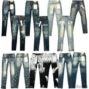 Jeans roxos masculinos de grife Hip-hop moda com zíper e lavagem com zíper, calças jeans retrô rasgadas com costura dobrada para motociclismo masculino, calças finas e elegantes azul céu para mulheres 9lii