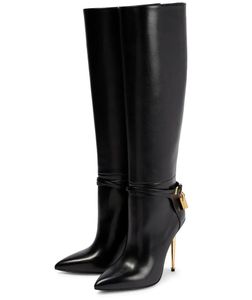 Winter Luxury Brands Padlock Boot Gilded Stiletto Heel Women Long Knee Boots Gold Hardware Lock-and-key Party Wdding Lady Winter Booties EU35-43