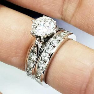 Wedding Rings 2pcs Luxury Round Bridal Sets White Zircon Stacking Couple For Women Silver Color Promise Engagement Ring Set Jewelry Gift