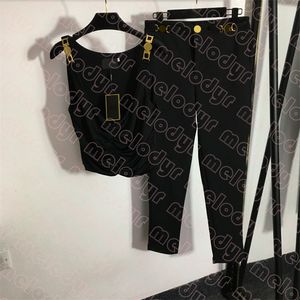 Women Casual Set Sexy Tank Top High Elastic Yoga Leggings Metal Letter Black Sleeveless Tees Pants Set Designer Sportswear