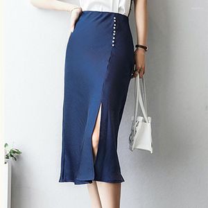 Kjolar midi långa kvinnor tung siden vintage femme jupes hög midjepaket höft office lady solid jupe longue split kjol sommar