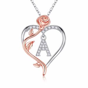 Iefil rose hjärthalsband gåvor för kvinnor, 925 Sterling Silver Rose Love Heart Initial Letter Pendant Halsband smycken Mothers Day Valentines D43223