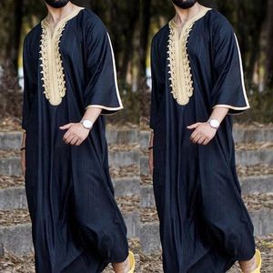 Etnik Giyim Müslüman Erkekler Jubba Thobba Uzun Kollu İslami Nakış V yaka Kimono Robe Abaya Kaftan Dubai Arap Elbise Gömlek Sethni258V