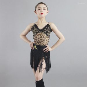 Abbigliamento da palcoscenico Costume da ballo latino per ragazze Leopard Top Gonna con frange Gonna da ballo per bambini Vestito da competizione XS6093