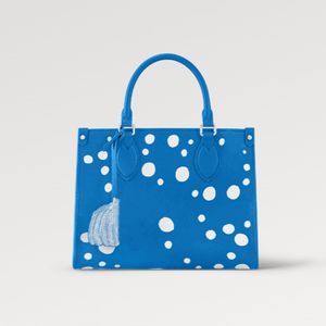 Thego PM Handbags M46424 Blue White Infinity Dots Psyedelic Pumpkin Grained Cowhideショッピングバッグレザー大きなポケットチャームで爆発する女性用バッグトート