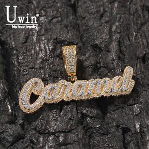 Pendant Necklaces UWIN Iced Out Round CZ Stones Cursive Names Necklace Custom 2 Layers Name Pendent Personalized Fashion Hip Hop Jewelry for Gift 230728
