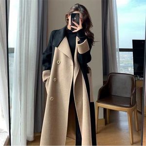 Women's Wool Blends Chic Woolen Patchwork Trench Coat för kvinnor Double Breasted Cardigan Anti-Wrinkle Lapel Winter Coat High Sense Overcoat Outwear 230728