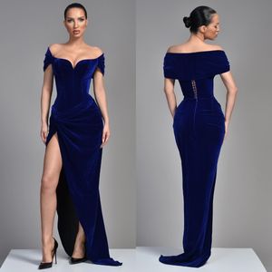 Sexy Royal Blue Evening Dresses Off Shoulder Velvet Split Party Prom Dress Sweep Train Long Dress for red carpet special occasion