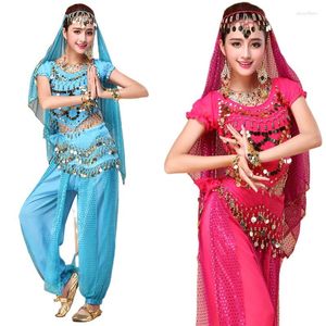 Sahne Giyim 4 PCS Şifon Bollywood Kostümleri Kadın Dans Seti Saree Belly Pant Performans Giysileri