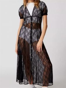 Casual Dresses Chronstyle Lace Mesh Se genom Long Dress Summer Beach Cover Ups för kvinnor V-Neck Kort ärmknappar Up Female Vestido