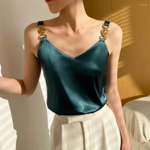 Women's Tanks T-shirt Silk Metal Buckle V-neck Vest Elegant Temperament Halter Top Solid Camis Black SATIN Sexy Off The Shoulder