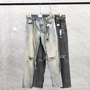 23SS Men USA Washed Broken Holes Denim Pants Long Ribbon Patchwork Jeans High street Trousers Bottoms3201