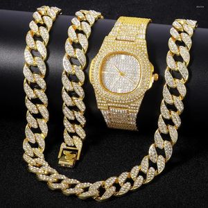 Chains HipHop Men Women Iced Out Watch 3PCS KIT Luxury Watches Jewelry Set Necklace Bracelet Bling 16mm Cuban Link Chain Gift