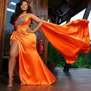 Orange Mermaid Evening Dresses High Split Sequined Pleats Prom Gowns One Shoulder Plus Size Special Occasion Dress African196T