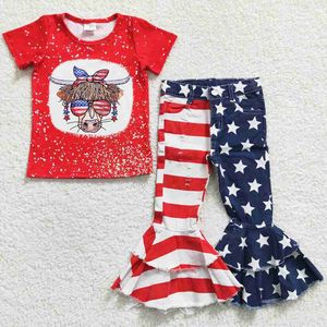 Neue Baby-Mädchen-Design-Kleidung, Jeans-Set, 4. Juli, Boutique-Mädchen-Kleidung, Kuh-Stern-Druck, Denim-Bell-Bottom-Outfits, niedliche Kinder-Sets