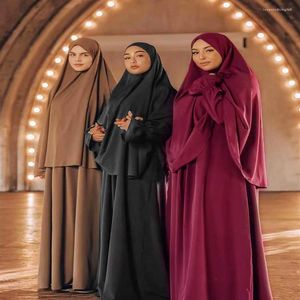 Этническая одежда Ид, с капюшоном, мусульманские женщины Джилбаб Лонг Химар Хиджаб набор 2 молитвенной одежды Абайя Рамадан, платье с исламским 237c