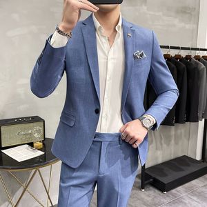 Men's Suits Blazers JacketPants Fashion Pure color leisure Gray Blue black Slim Fit Men Business Banquet Suit Set Plus size 3XL 4XL 230728