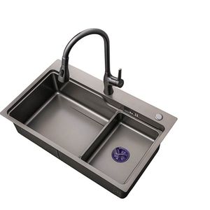 Stor storlek Nano Wash Basin Single Kitchen Sink 304 Rostfritt stål Black Grey Bowl Kitchen Sänker Set Hem Handgjorda förtjockade