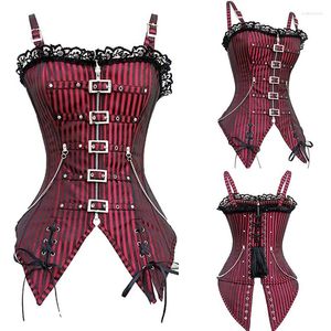 Bustiers Corsetsブラックレッドビンテージスチームパンクコルセット女性セクシーなレースジッパーストラップビュスティエオーバーバストゴシックバーレスクパーティーコルセレット