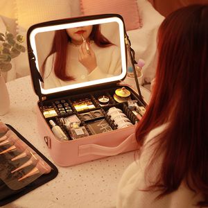 Cosmetic Bags Cases Smart LED Makeup Bag With Mirror Large Capacity Professional Leather PU Leather Travel Cosmetic Case For Women 230729