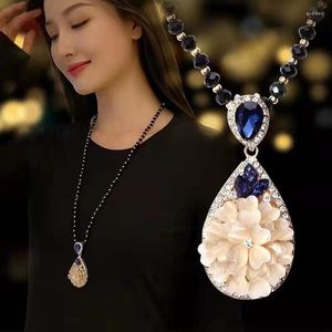 Pendant Necklaces Opal Flower Water Drop Long Necklace For Women Black Beads Sweater Chain