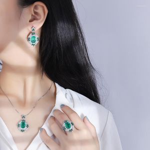 Necklace Earrings Set Emerald Retro Oval Gemstone Ring Women Unique Advanced Design Grace Cocktail Party Accessories Gift