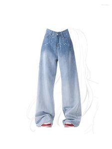 Jeans da donna blu coreano vintage estivo Y2k larghi pantaloni jeans sfumati oversize pantaloni a vita alta in denim a gamba larga