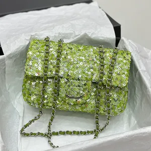 23C 21x13cm Shiny Sequins Woman Designer Classic Flap Bag Bright Green Real Leather Silver Metal Hardware Matelasse Chain Crossbody Shoulder Handbag Luxury Purse