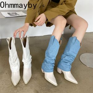 Boots Woman Western Cowgirl Boot Fashion Point Toe Long Knight Booties Winter Sexig Square Heel Women's Shoes 230728