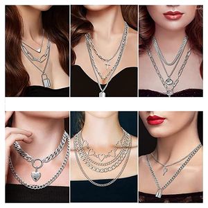 Подвесные ожерелья 6pcs/SET Слоистый колье для цепи сердца, набор для девочек панк эстетическая милая женщина кофе