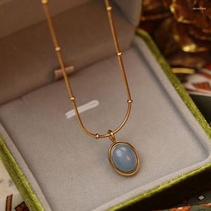 Pendant Necklaces Vintage Light-Blue Smooth Stone Necklace For Women Stainless Steel Fine Chain Jewelry 2023 Accessories Gift