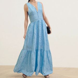 Tasarımcı Elbise Fransız Niş Kadınlar Tasarımcı Giyim V yaka kolsuz ince oturan yüksek bel nakış elbisesi uzun etek 7