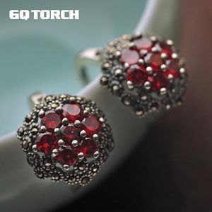 Ear Cuff Real 925 Sterling Silver Handmade Flower Earrings Clip For Women Inlaid Red Garnet Natural Stone Vintage Style Brinco 230728