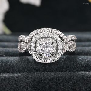 Wedding Rings 2pcs Luxury Square Bridal Sets White Zircon Stacking Couple For Women Silver Color Promise Engagement Ring Set Jewelry CZ