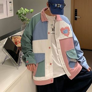 Kurtki damskie 2023 Mężczyźni Spring Vintage Color Block Patchwork Cord Cord Ręcznik Haft haftowy kurtka sercowa kawaii płaszcz lapowy Hip Hop Emwear 230728