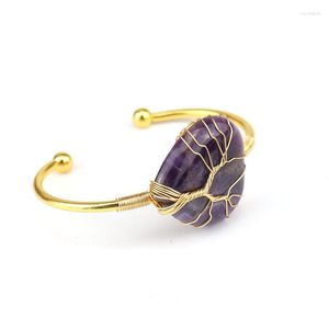 Bangle Adjustable Handmade Gold Plated Copper Wire Wrapped Crystal Agate Quartz Bangles Bracelets Love Heart Amethyst Natural Stone