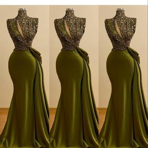 2021 Hunter Green Sequins Crystal Beaded Mermaid Evening Dresses Vintage High Neck Keyhole Sequined Lace Prom Gowns Saudi Arabic L283U