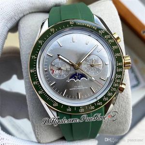 42mm Moonwatch Miyota Automatic Mens Watch Steel Case Green Bezel Gray Dial Stick Markers Moon Phase Rubber Strap 7 Styles Watches294j