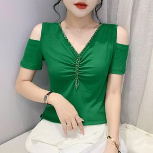 Women's T Shirts 2023 Summer Short Sleeved Fashion Casual V-Neck Solid Color Folds Tops Camisetas Female Clothes