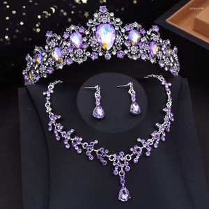 Halskette Ohrringe Set Elegante Lila AB Kristall Krone Braut Für Frauen Tiaras Braut Party Hochzeit Kleid Kostüm Zubehör