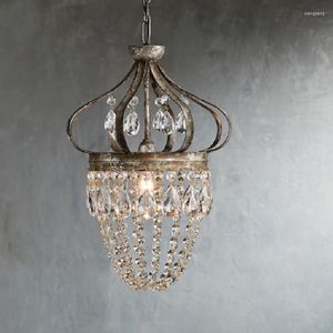Pendant Lamps Medieval Retro Crystal Chandelier Small Distressed Wrought Iron Forged Crown Lamp Bedroom Light Living Room Dining