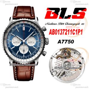 BLS NAVITIMER B01 ETA A7750 Automatic Chronograph Mens Watch Blue White Stick Dial Brown Leather Strap AB0137211C1P1 Super Edition Reloj Hombre Phetime J10