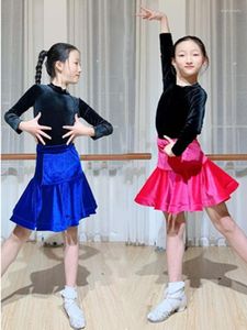 Stage Wear Solid Color Festival Outfit Children Latin Dance Costume Girls Long Sleeve Flamengo Clothes Woman Ruffle Sports Skirts Suit