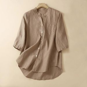 Women's Blouses Vintage Cotton Linen Shirts For Women Autumn Fashion Button Up White Casual Solid Color 3/4 Sleeve Tops And Blusa